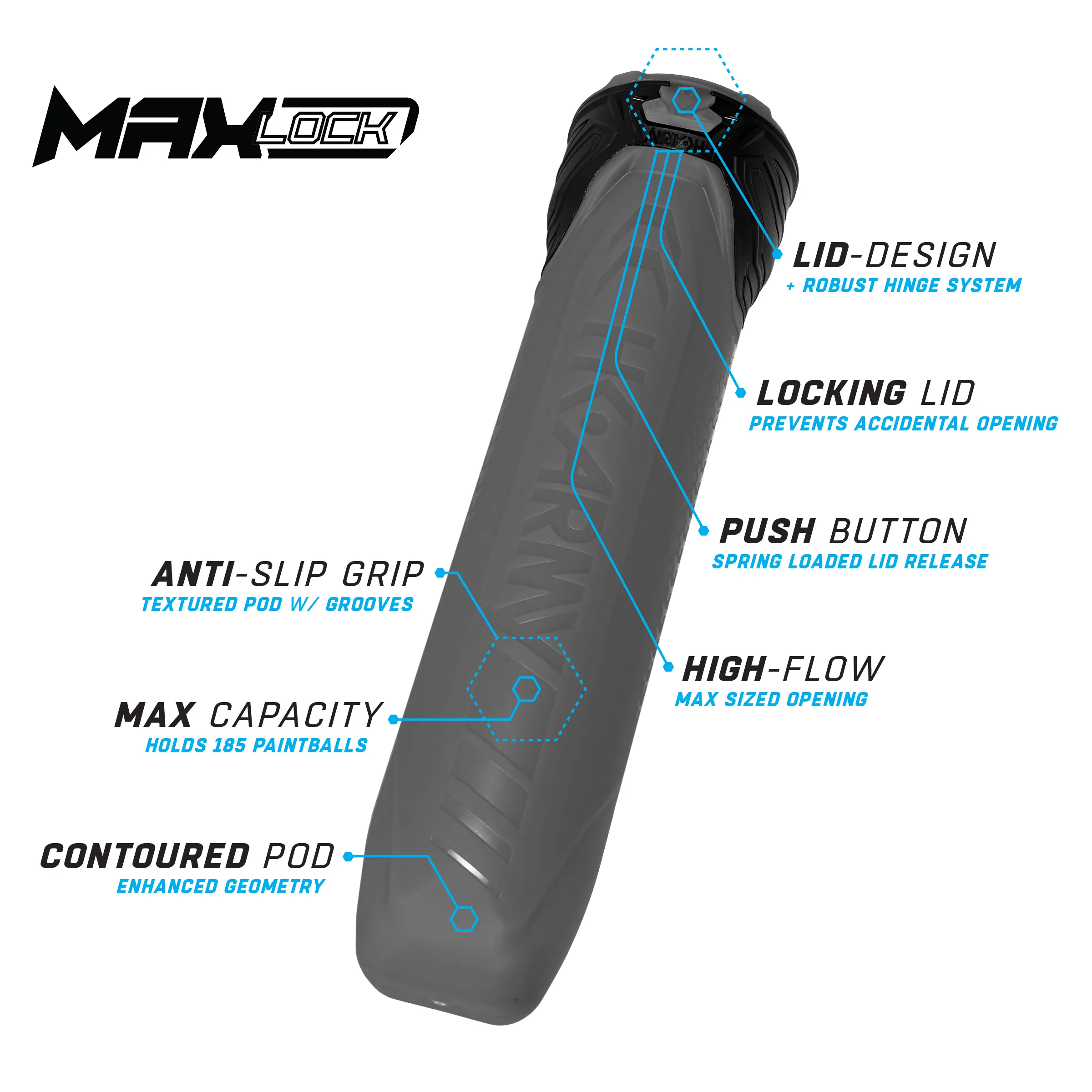MaxLock Pods - Lock Lid 185 Rounds - Graphite 6-Pack